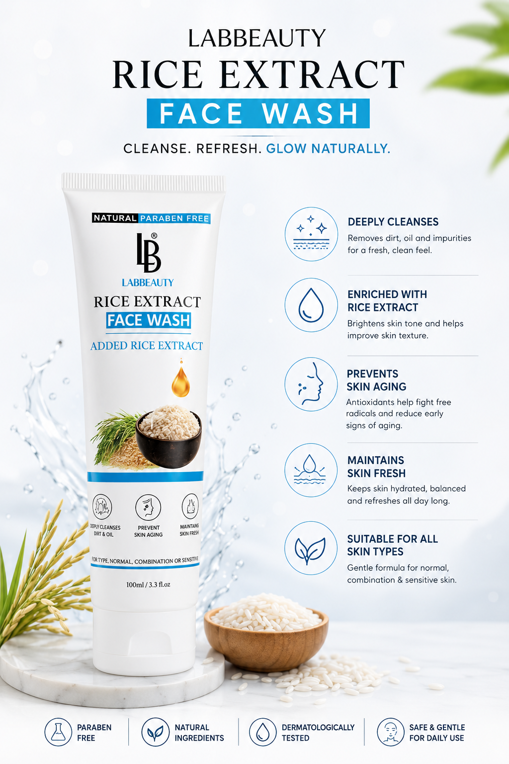Lab Beauty Rice Extract Face Wash – Deep Cleansing & Skin Brightening Face Wash