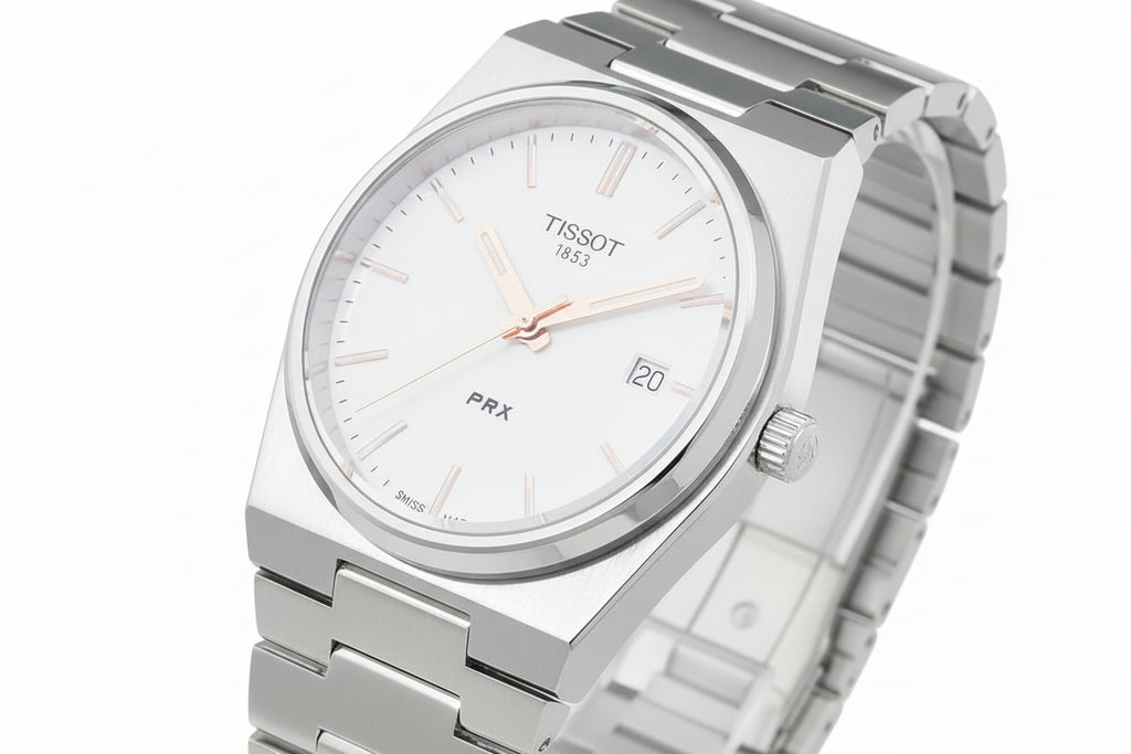 Tissot PRX Swiss Made Men’s Watch – 40mm Stainless Steel Integrated Bracelet with Silver Dial & Rose Gold Accents