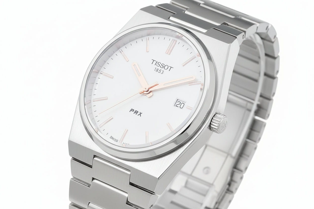 Tissot PRX Swiss Made Men’s Watch – 40mm Stainless Steel Integrated Bracelet with Silver Dial & Rose Gold Accents