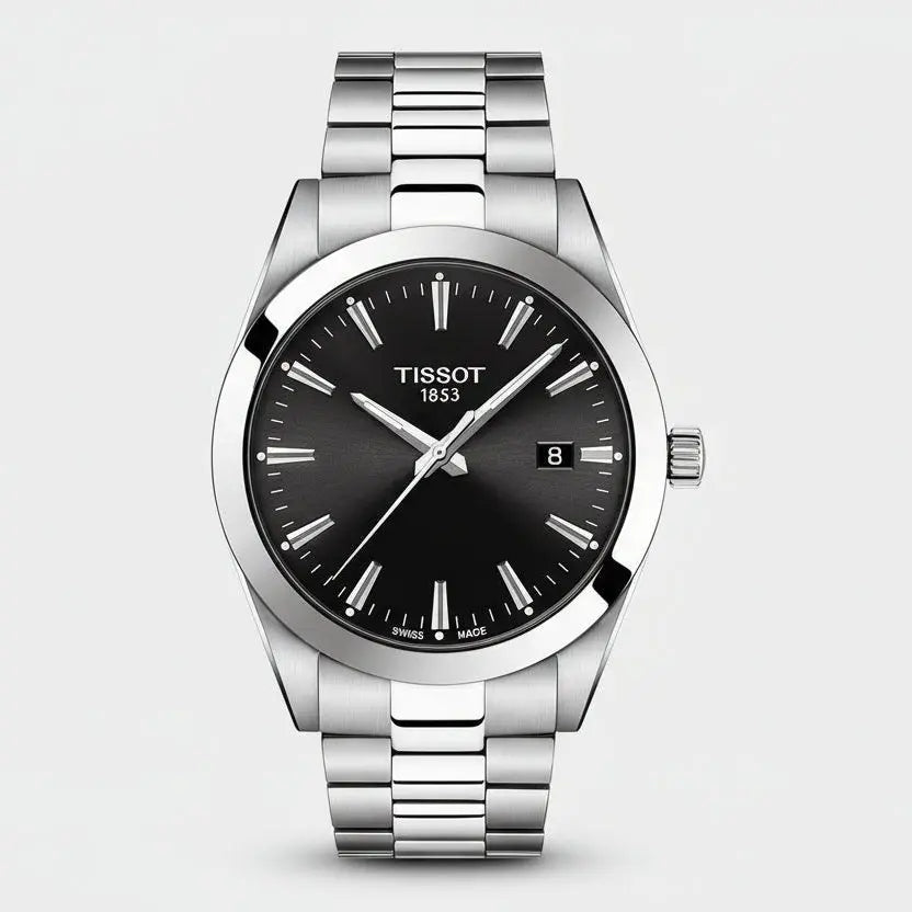 Tissot Gentleman Swiss Made Men’s Watch – Stainless Steel Bracelet with Black Sunray Dial & Date Display LAB BEAUTY