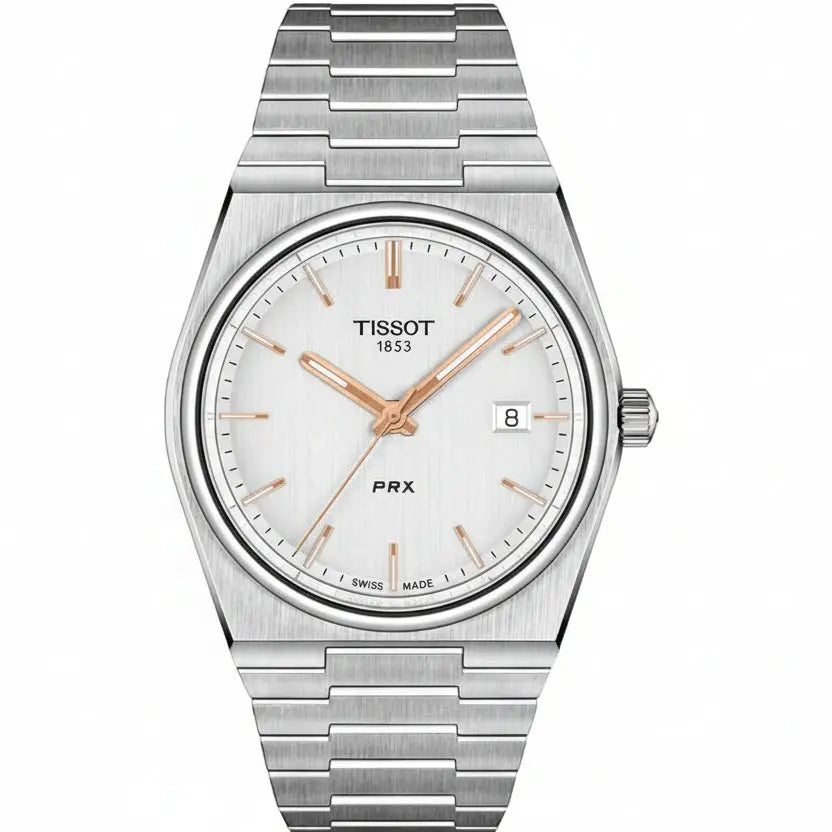 Tissot PRX Swiss Made Men’s Watch – 40mm Stainless Steel Integrated Bracelet with Silver Dial & Rose Gold Accents LAB BEAUTY