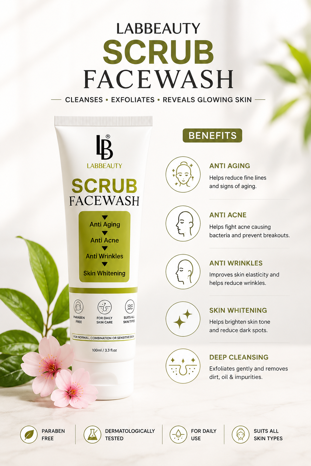 Lab Beauty Scrub Face Wash – Deep Cleansing Anti Acne & Anti Aging Face Wash