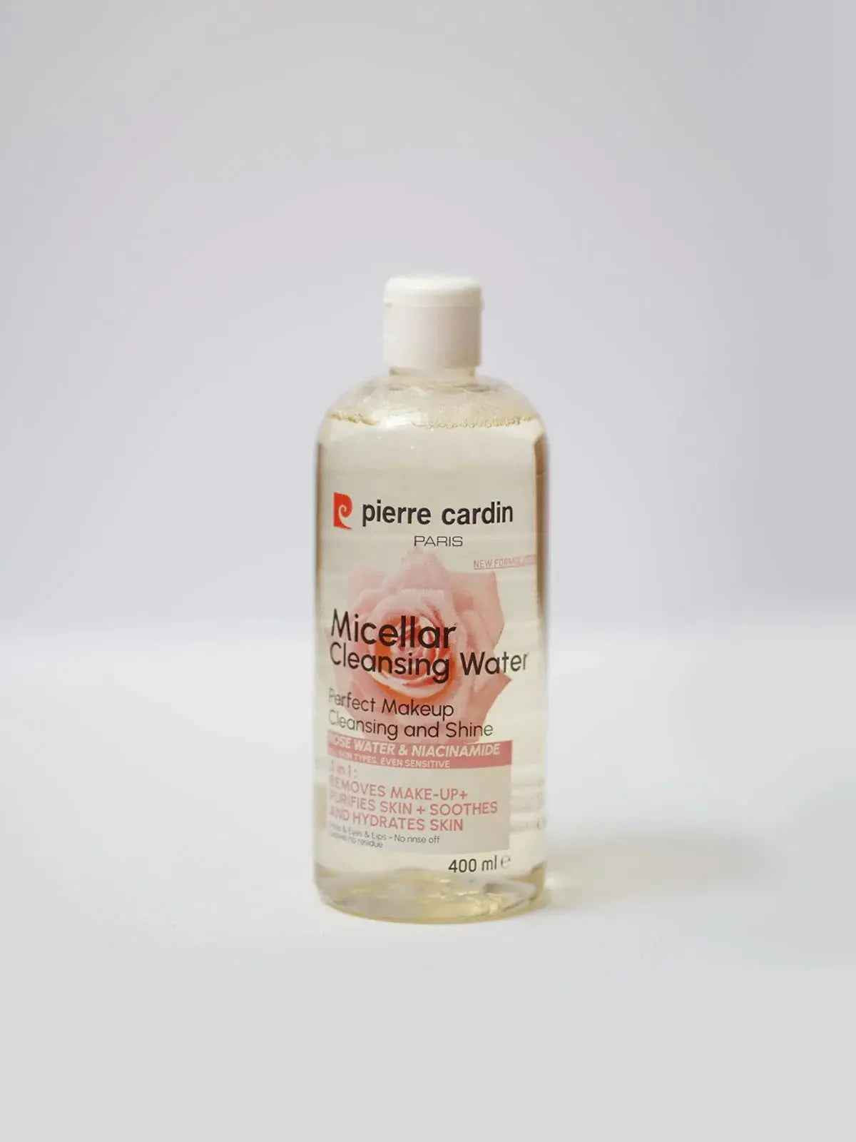 Pierre Cardin Micellar Cleansing Water for makeup removal, skin purification, and hydration, 400ml bottle