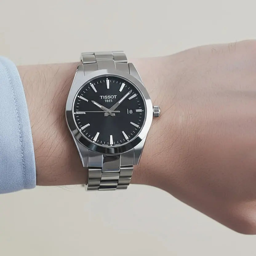 Tissot Gentleman Swiss Made Men’s Watch – Stainless Steel Bracelet with Black Sunray Dial & Date Display LAB BEAUTY