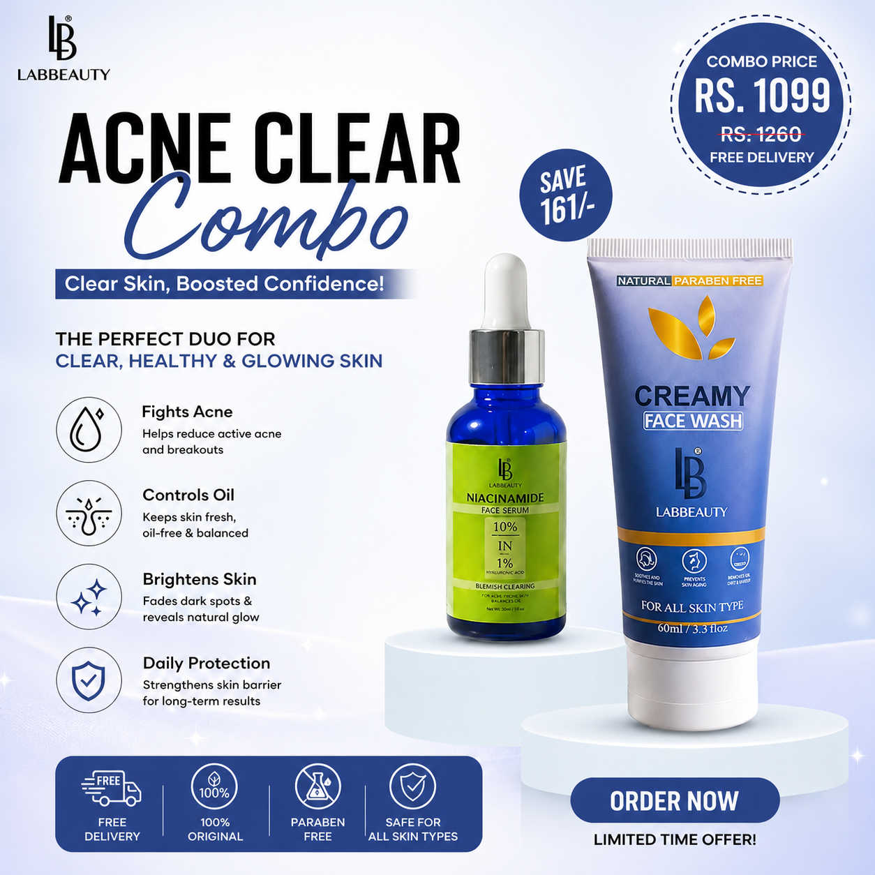 Lab Beauty Acne Clear Combo – Niacinamide 10% Serum + Creamy Face Wash for Clear, Oil-Free & Glowing Skin