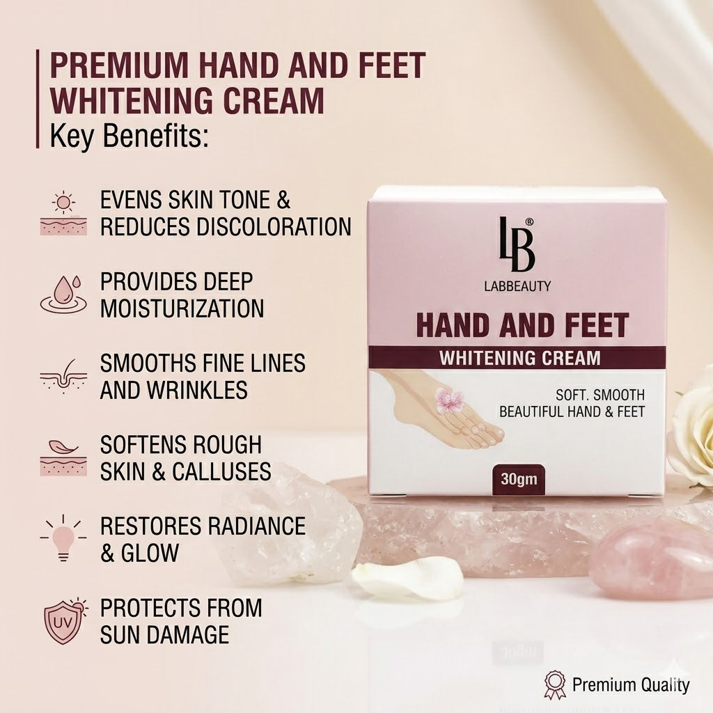 LABBEAUTY Hand and Feet Whitening Cream packaging with key benefits listed.
