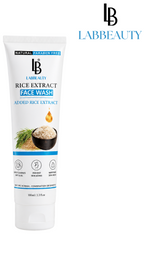 Tube of Lab Beauty rice extract face wash with product features on a white background