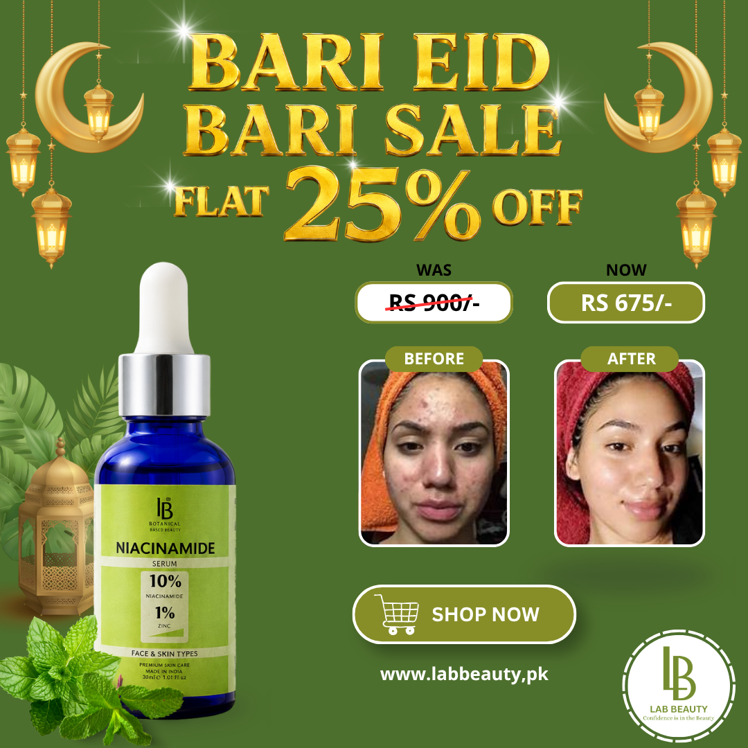 Lab Beauty Niacinamide Serum 10% with Zinc 1% for acne marks, oil control, pore minimizing, and skin brightening with Eid sale offer banner.