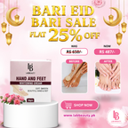Advertisement for Lab Beauty hand and feet whitening cream with promotional text on a pink background.