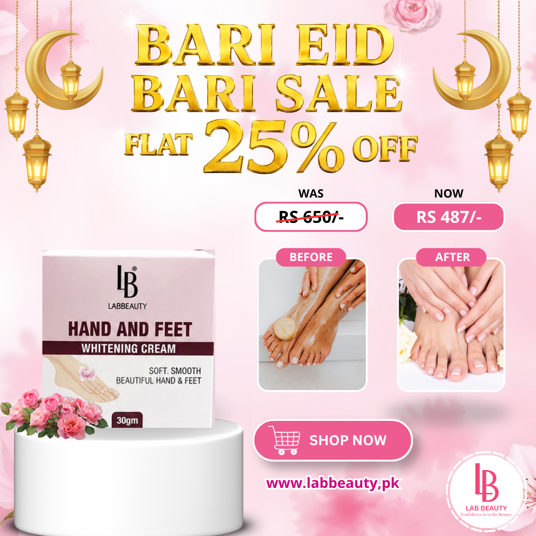 Advertisement for Lab Beauty hand and feet whitening cream with promotional text on a pink background.