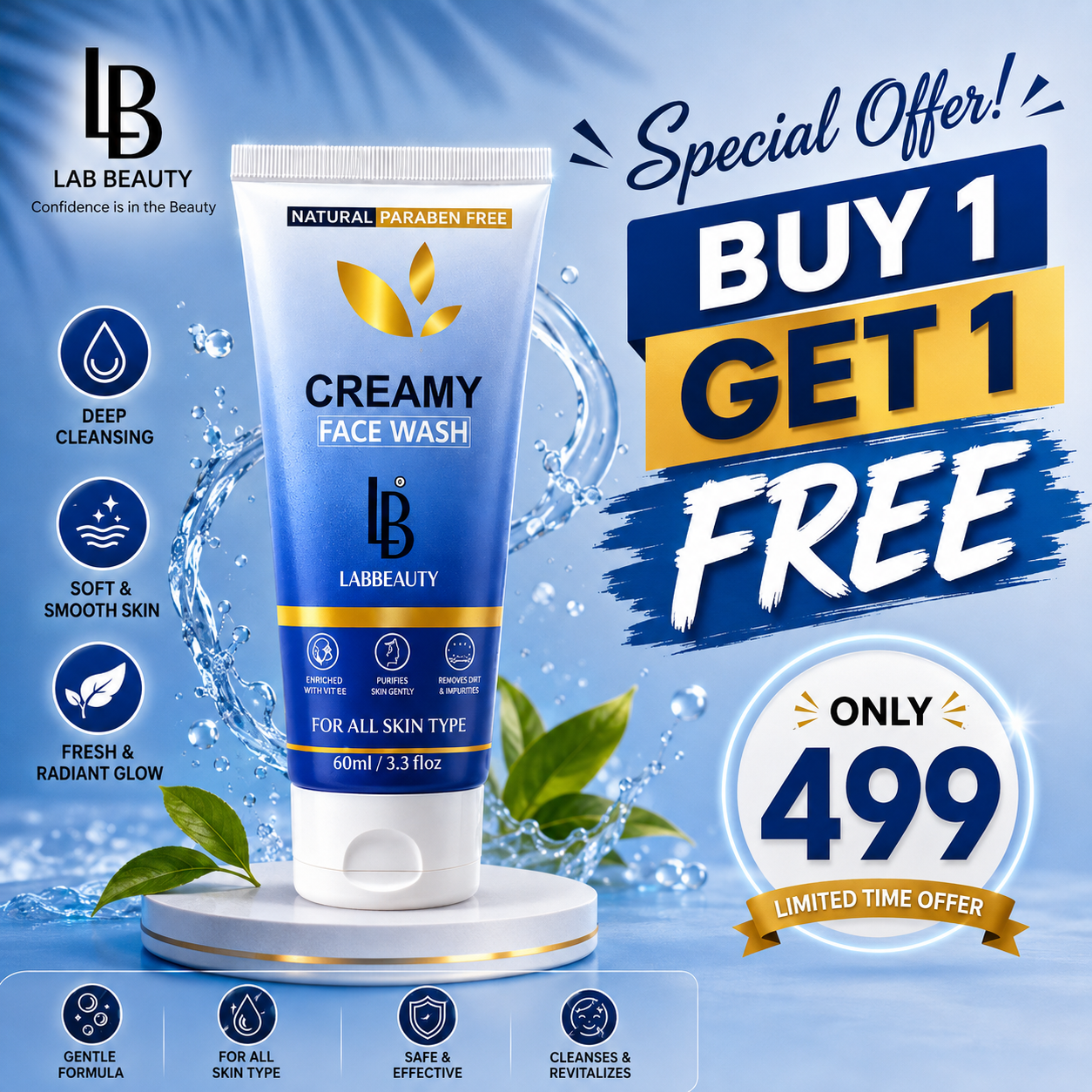 Lab Beauty Creamy Face Wash (60ml) –(Buy 1 Get 1 Free)