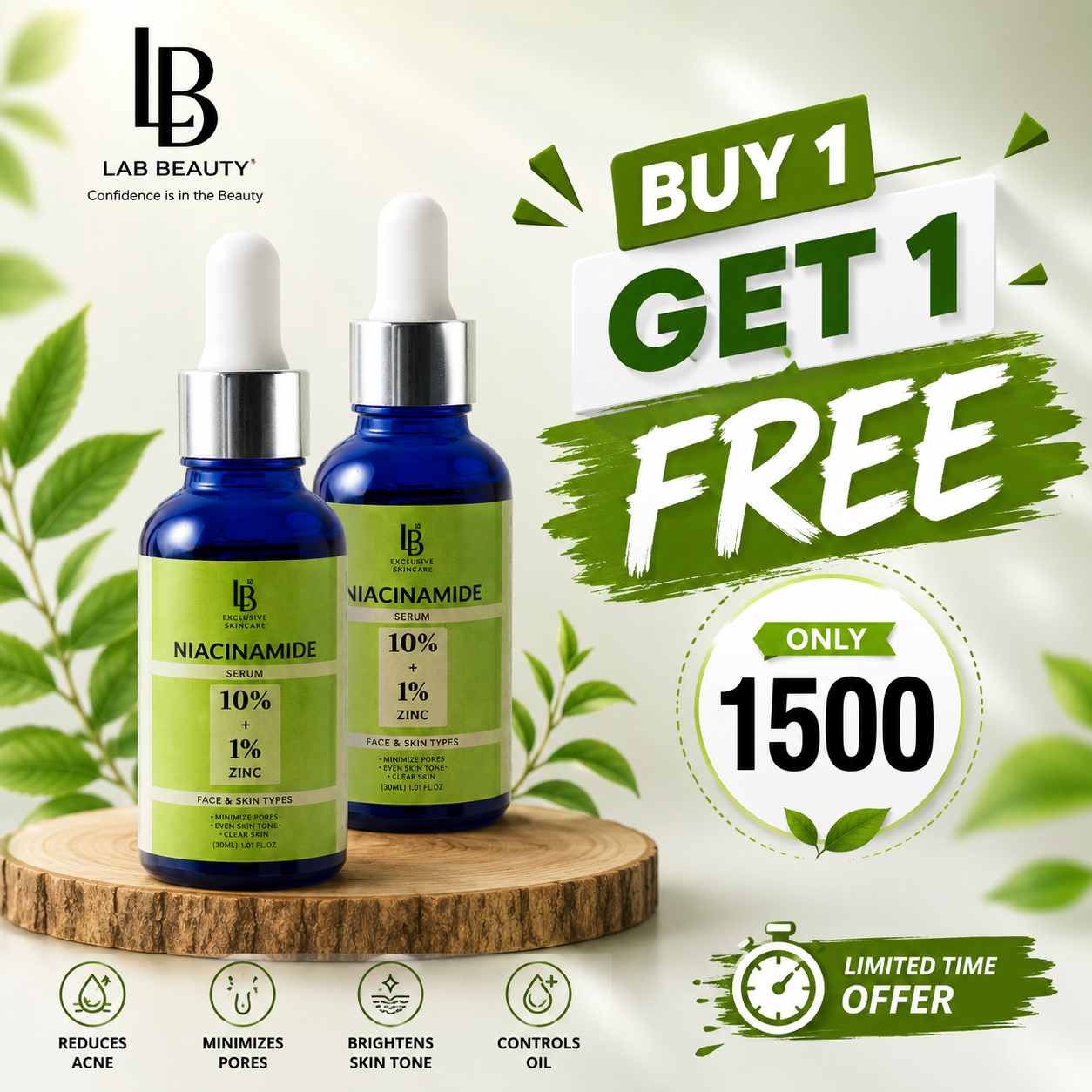 Lab Beauty Niacinamide 10% + Zinc 1% Serum (30ml) – (Buy 1 Get 1 Free)