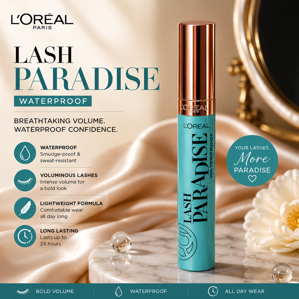 L'Oréal Paris Lash Paradise Waterproof mascara with bold volume, smudge-proof wear, and 24-hour longevity on marble surface