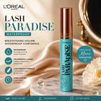 L'Oréal Paris Lash Paradise Waterproof mascara with bold volume, smudge-proof wear, and 24-hour longevity on marble surface