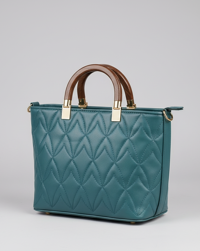 Luxury Quilted Leaf-Stitched Tote Bag – Structured Top-Handle Handbag with Gold Accents & Detachable Strap