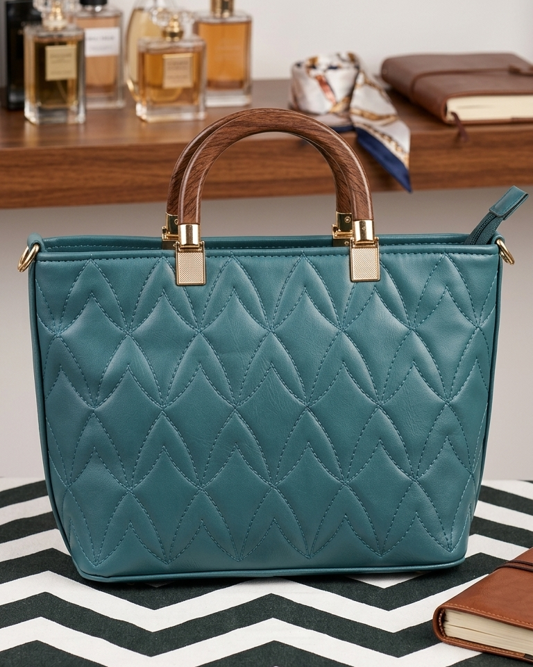Luxury Quilted Leaf-Stitched Tote Bag – Structured Top-Handle Handbag with Gold Accents & Detachable Strap
