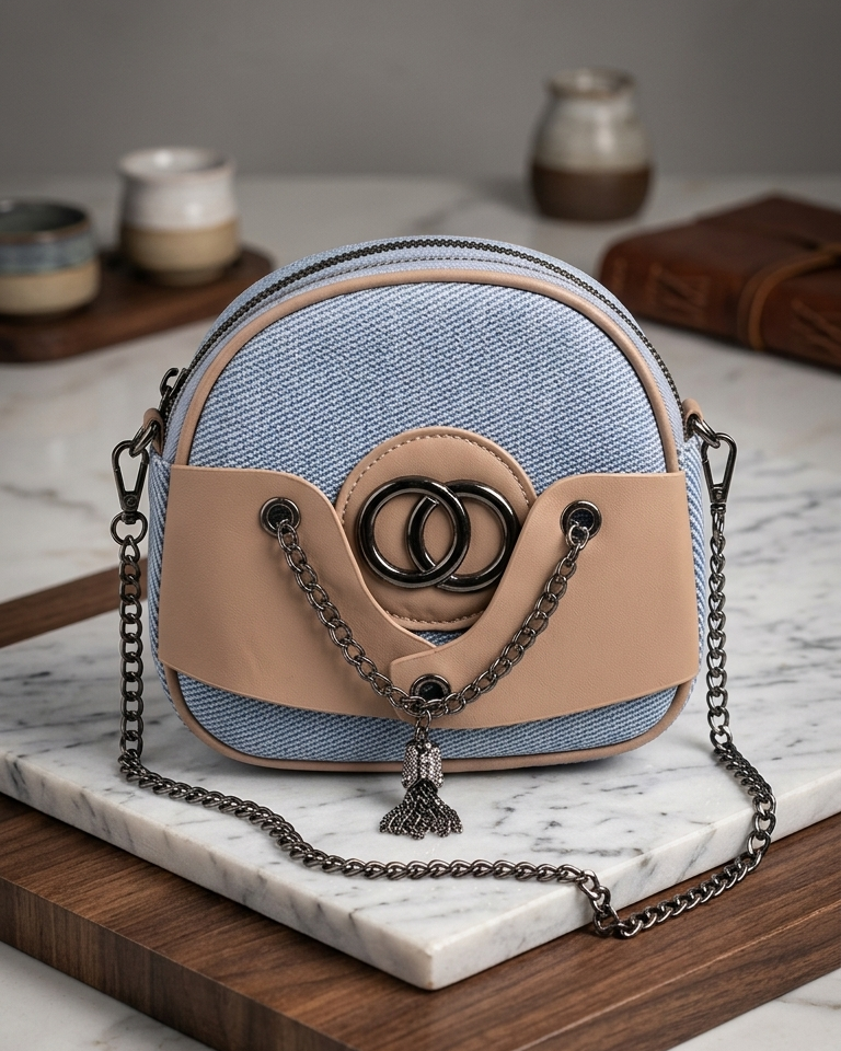 Trendy Denim & Vegan Leather Crossbody Bag – Mixed Media Round Camera Bag with Gunmetal Chain & Tassel Detail