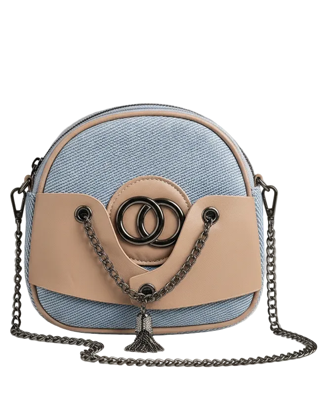 Trendy Denim & Vegan Leather Crossbody Bag – Mixed Media Round Camera Bag with Gunmetal Chain & Tassel Detail