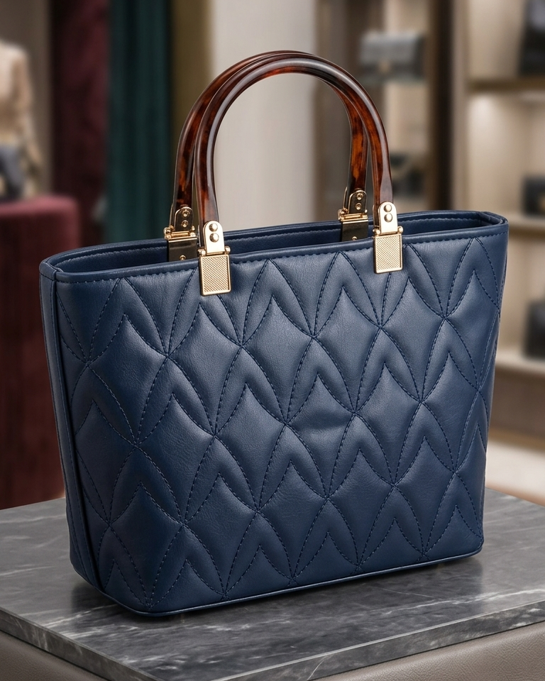 Luxury Quilted Leaf-Stitched Tote Bag – Structured Top-Handle Handbag with Gold Accents & Detachable Strap
