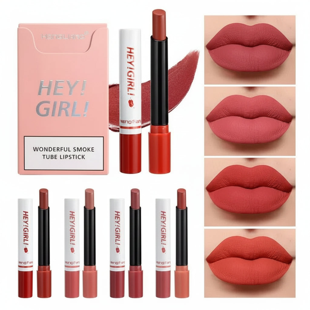 HEYGIRL lipstick set with packaging, lipsticks, and color swatches on a beige background