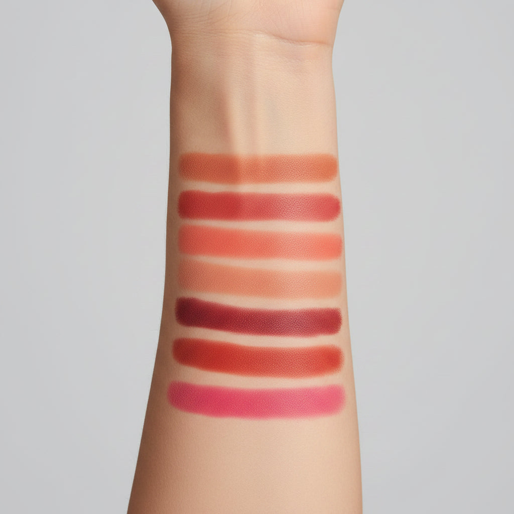 Set of lipsticks with swatches on a hand against a dark background