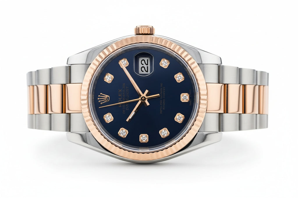 Rolex Datejust 36 Two-Tone Everose Gold & Steel – Deep Blue Dial with Diamond Hour Markers & Fluted Bezel