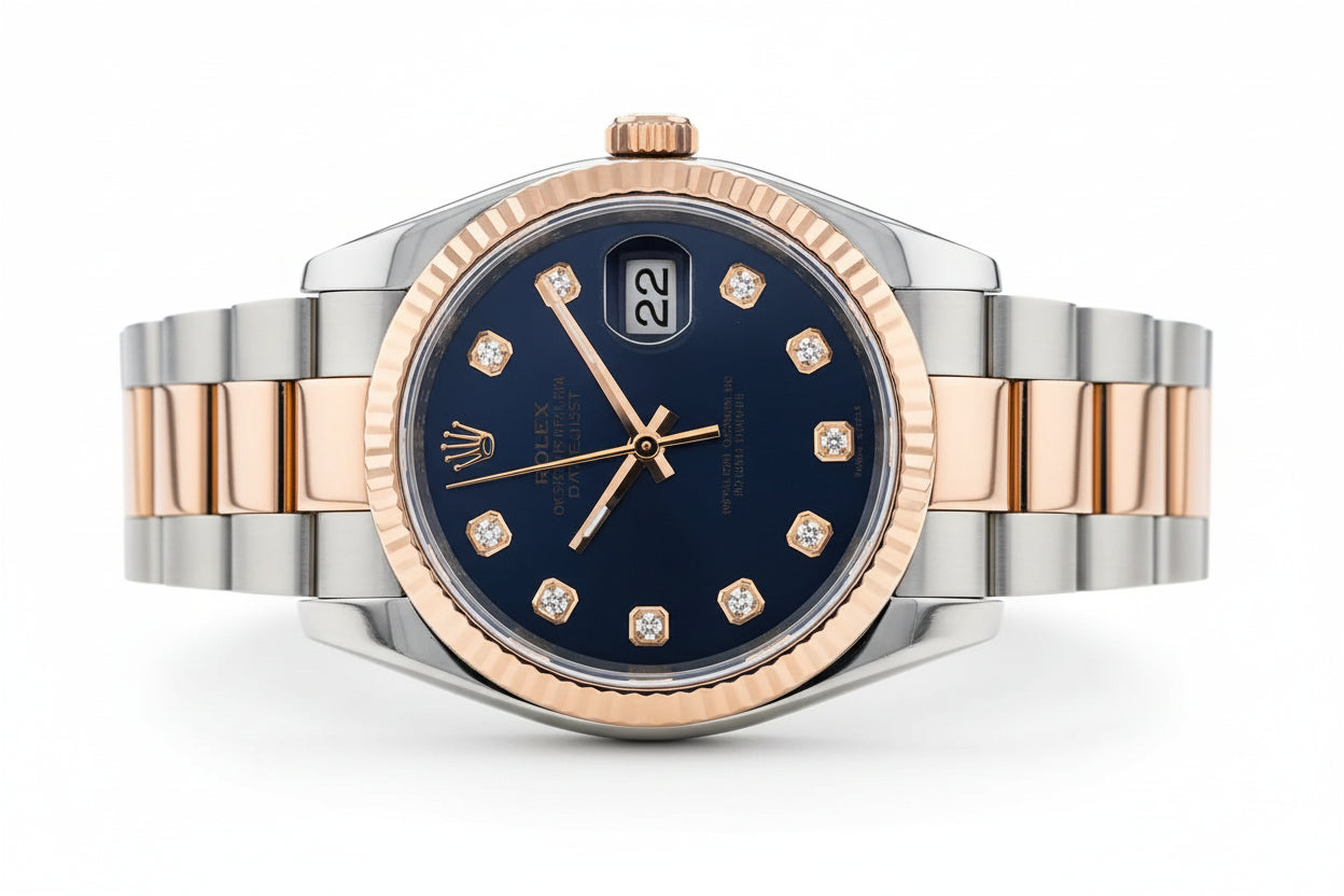 Rolex Datejust 36 Two-Tone Everose Gold & Steel – Deep Blue Dial with Diamond Hour Markers & Fluted Bezel