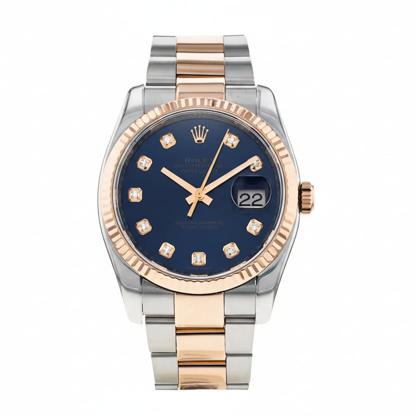 Rolex Datejust 36 Two-Tone Everose Gold & Steel – Deep Blue Dial with Diamond Hour Markers & Fluted Bezel
