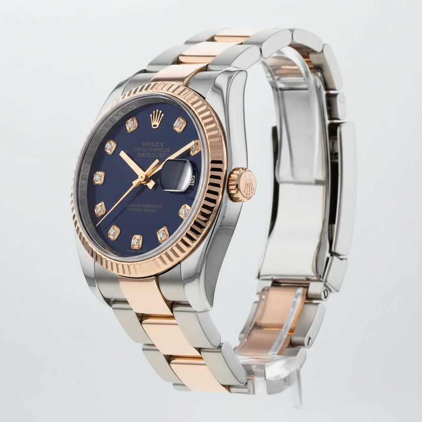 Rolex Datejust 36 Two-Tone Everose Gold & Steel – Deep Blue Dial with Diamond Hour Markers & Fluted Bezel