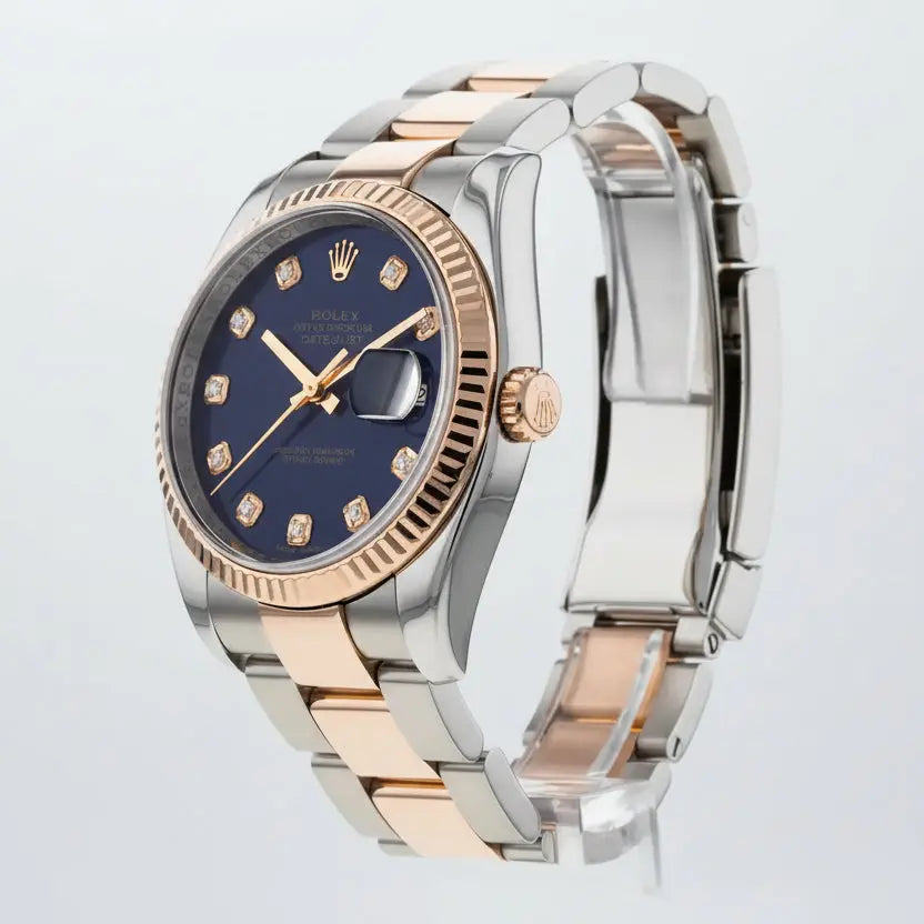 Rolex Datejust 36 Two-Tone Everose Gold & Steel – Deep Blue Dial with Diamond Hour Markers & Fluted Bezel LAB BEAUTY