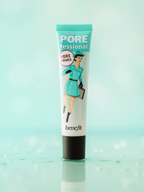 Benefit The POREfessional pore primer tube with retro illustration on mint background