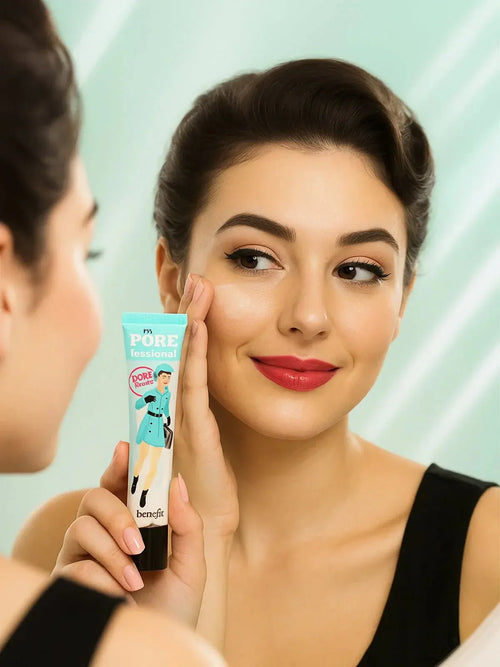 Woman applying Benefit POREfessional primer for smooth, glowing skin with red lipstick and flawless makeup