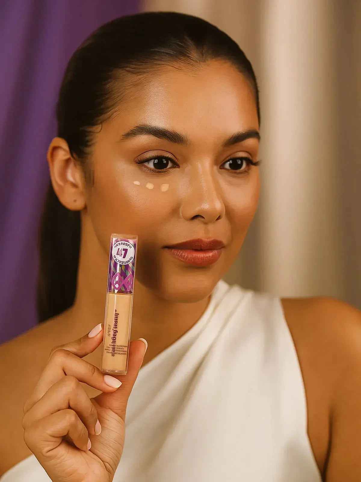 Woman holding L'Oréal Paris Infallible concealer, showcasing natural glow with makeup essentials
