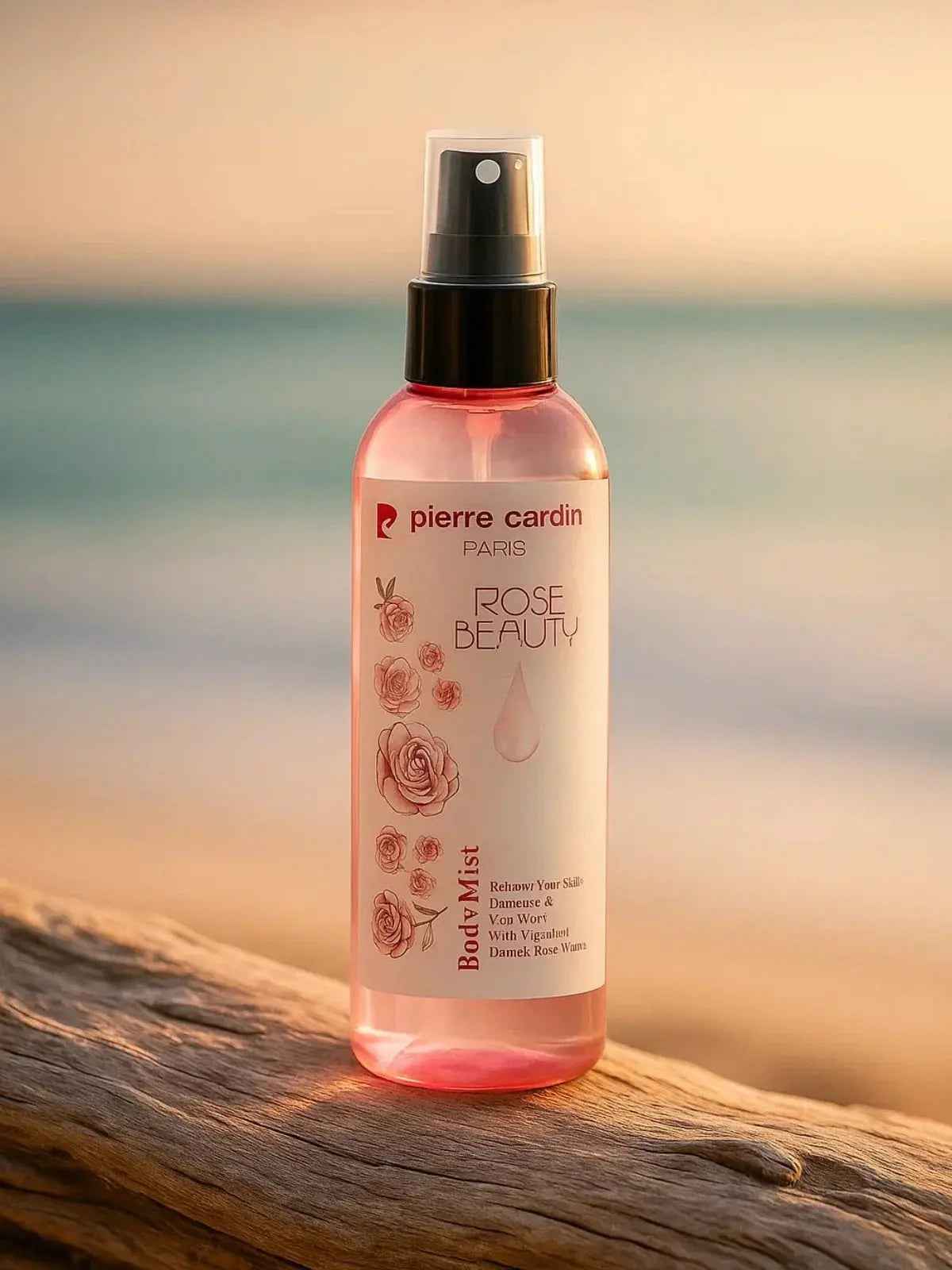 Pierre Cardin Rose Beauty Body Mist with rose floral design, placed on driftwood by the beach at sunset