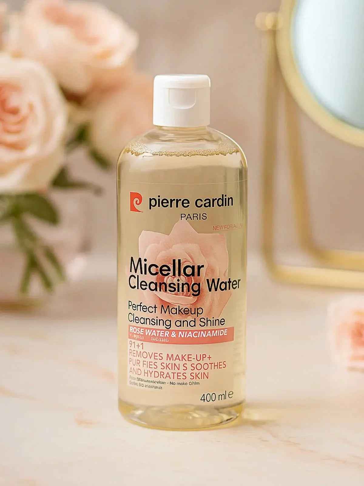 Pierre Cardin Micellar Cleansing Water with rose water & niacinamide, removes makeup, soothes & hydrates skin