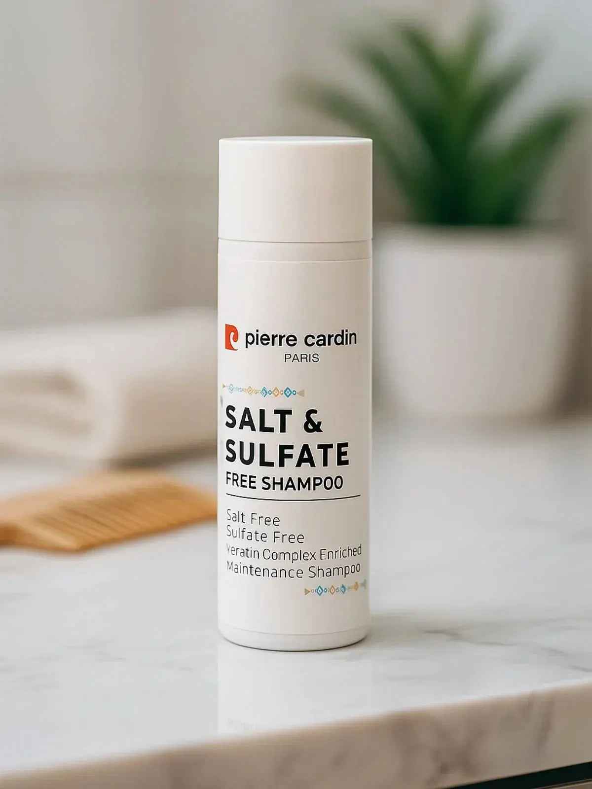 Pierre Cardin salt & sulfate free shampoo on marble countertop, gentle hair care with veratin complex