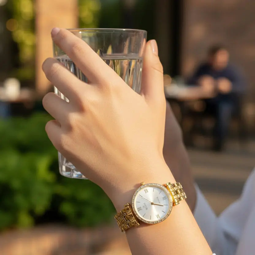 Luxury Seastar Women’s Gold Bracelet Watch – Baguette Crystal Bezel with Sunray Dial & Roman Numerals LAB BEAUTY