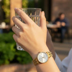 Luxury Seastar Women’s Gold Bracelet Watch – Baguette Crystal Bezel with Sunray Dial & Roman Numerals LAB BEAUTY