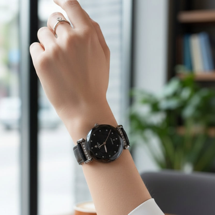 Crystal Time Women’s Fashion Watch – Sleek Black Sunburst Dial with Faceted Diamond-Cut Glass & Leather Strap