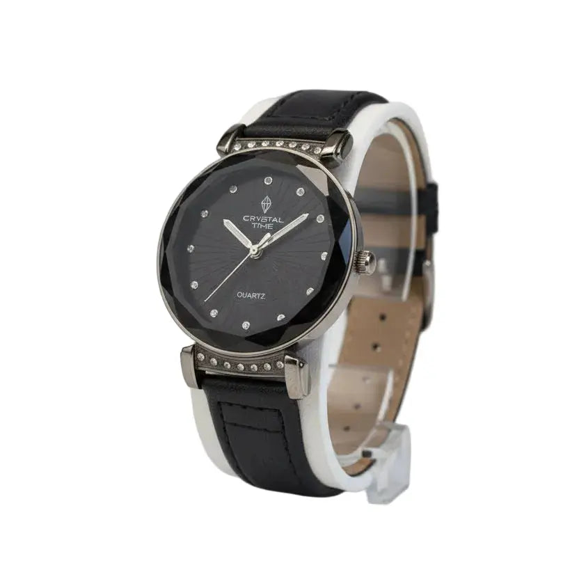 Crystal Time Women’s Fashion Watch – Sleek Black Sunburst Dial with Faceted Diamond-Cut Glass & Leather Strap LAB BEAUTY