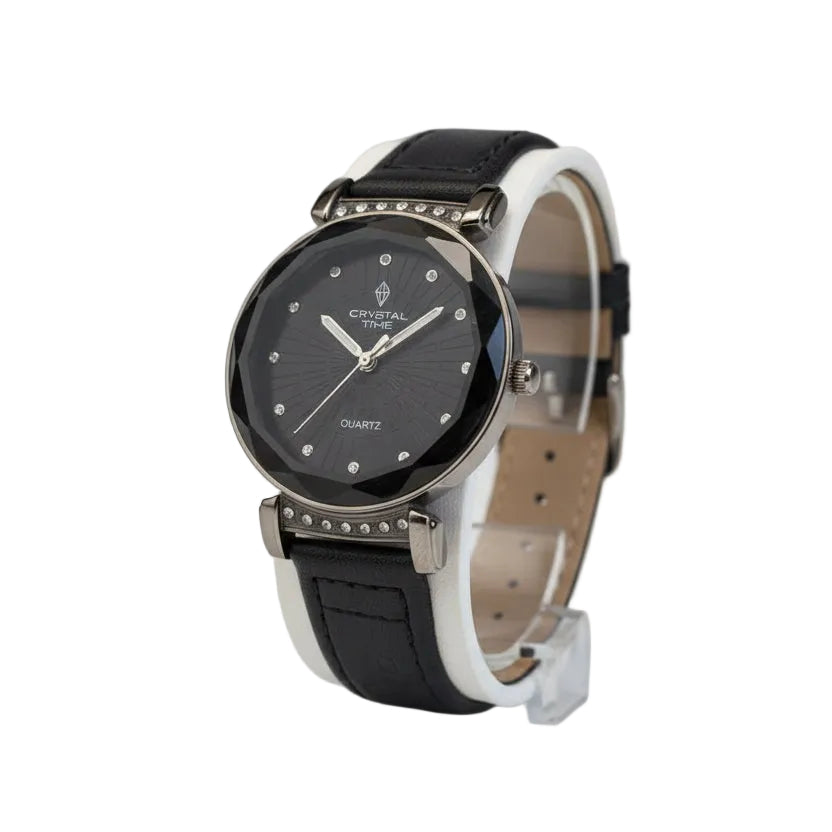Crystal Time Women’s Fashion Watch – Sleek Black Sunburst Dial with Faceted Diamond-Cut Glass & Leather Strap