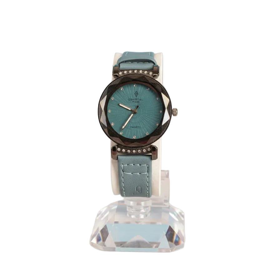 Luxury Crystal Time Women’s Fashion Watch – Teal Dial with Faceted Diamond-Cut Glass & Faux Leather Strap