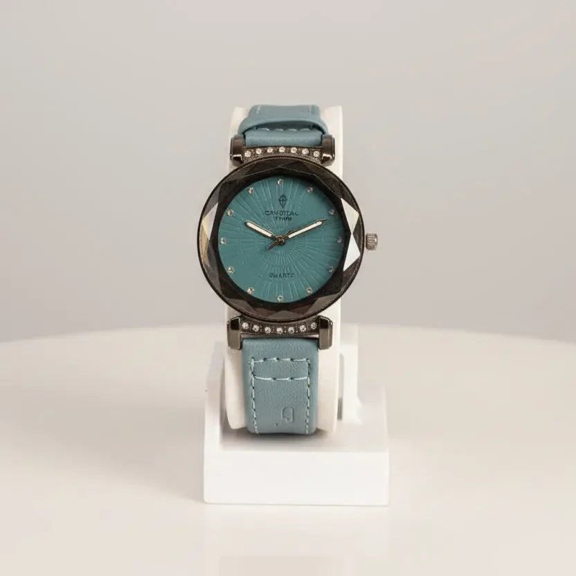 Luxury Crystal Time Women’s Fashion Watch – Teal Dial with Faceted Diamond-Cut Glass & Faux Leather Strap LAB BEAUTY