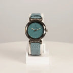 Luxury Crystal Time Women’s Fashion Watch – Teal Dial with Faceted Diamond-Cut Glass & Faux Leather Strap LAB BEAUTY