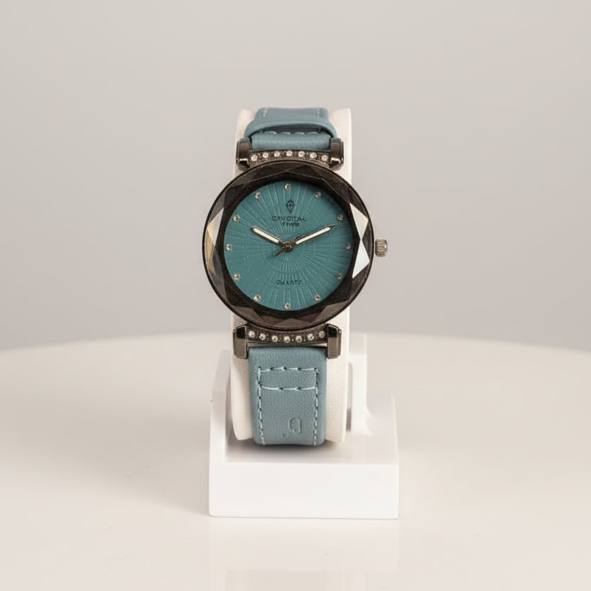Luxury Crystal Time Women’s Fashion Watch – Teal Dial with Faceted Diamond-Cut Glass & Faux Leather Strap