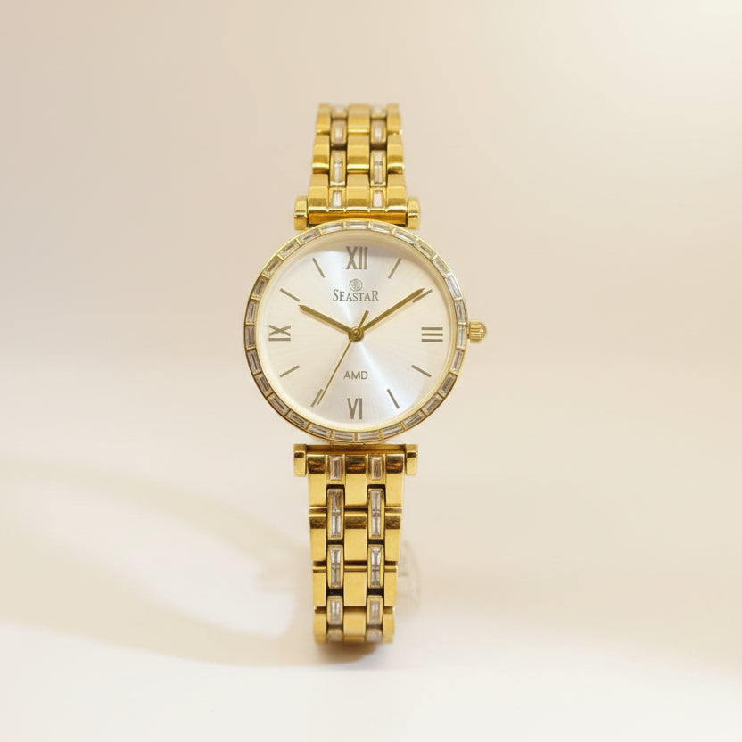 Luxury Seastar Women’s Gold Bracelet Watch – Baguette Crystal Bezel with Sunray Dial & Roman Numerals
