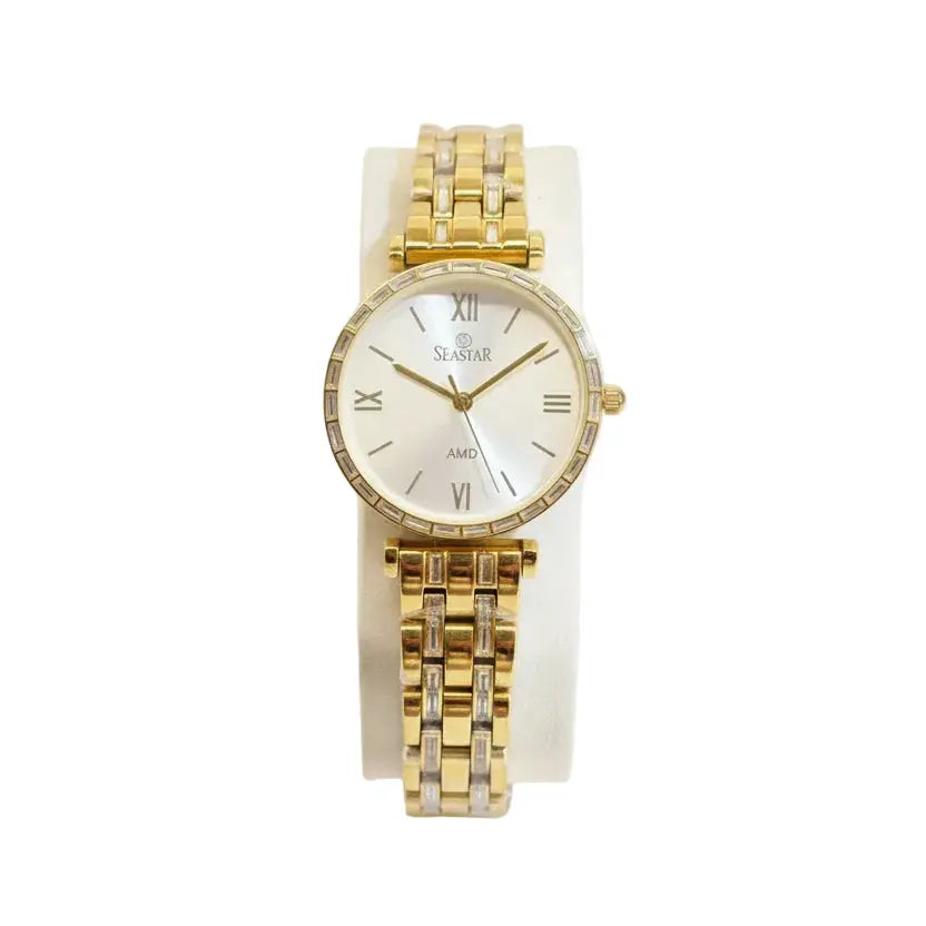 Luxury Seastar Women’s Gold Bracelet Watch – Baguette Crystal Bezel with Sunray Dial & Roman Numerals LAB BEAUTY