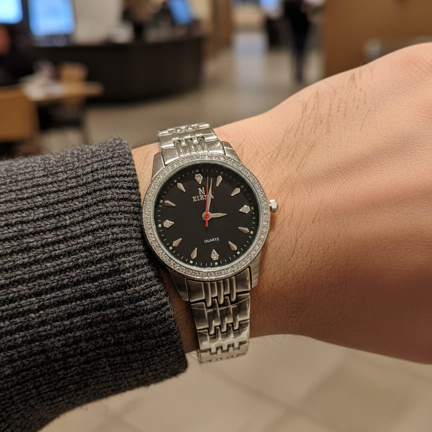 Birna Men’s Designer Quartz Watch – Midnight Black Dial with Red Accents & Faceted Crystal Bezel