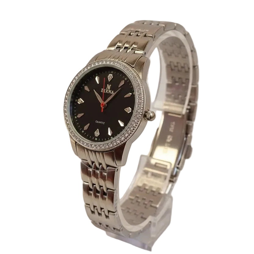 Birna Men’s Designer Quartz Watch – Midnight Black Dial with Red Accents & Faceted Crystal Bezel