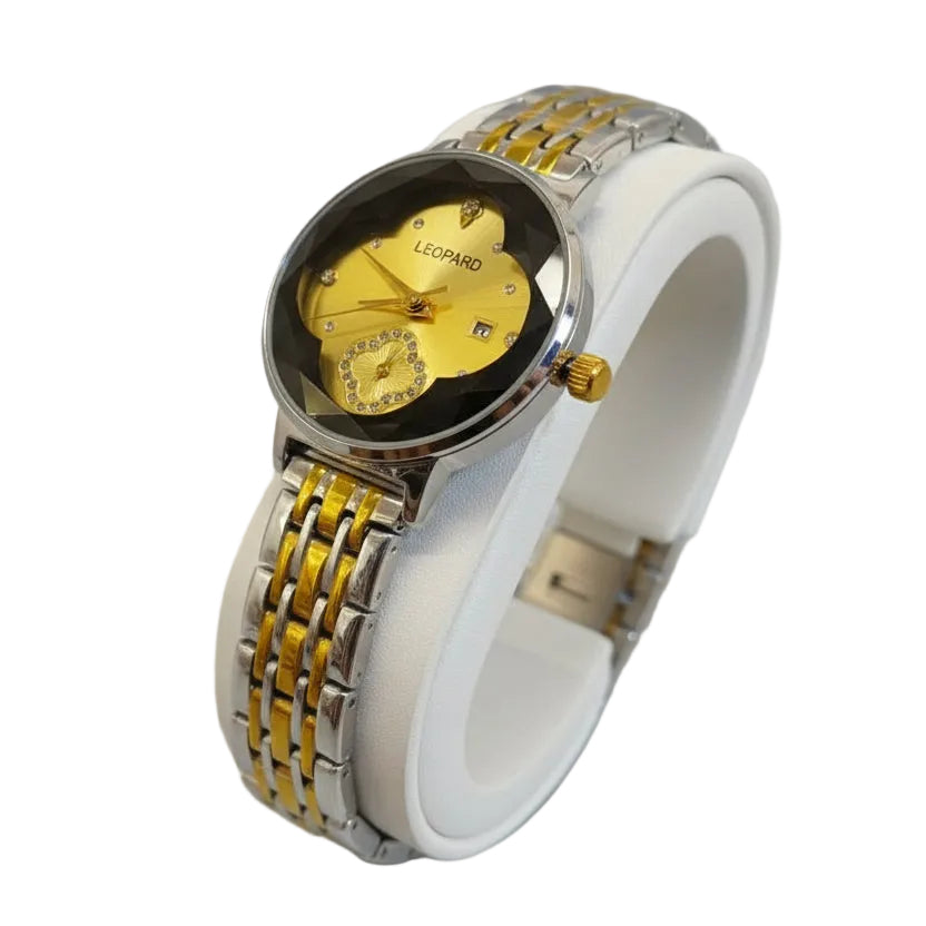Leopard Women’s Two-Tone Gold & Silver Watch – Faceted Diamond-Cut Glass with Gold Sunray Dial & Date Window